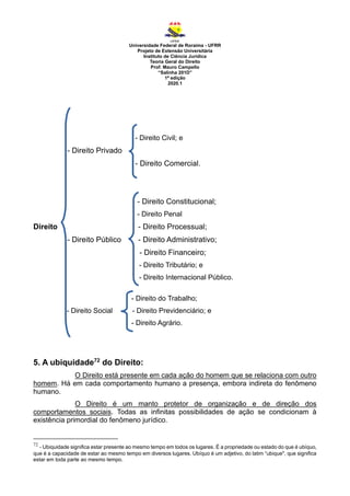 Universidade Federal de Roraima - UFRR
Projeto de Extensão Universitária
Instituto de Ciência Jurídica
Teoria Geral do Direito
Prof. Mauro Campello
“Salinha 201D”
1ª edição
2020.1
- Direito Civil; e
- Direito Privado
- Direito Comercial.
- Direito Constitucional;
- Direito Penal
Direito - Direito Processual;
- Direito Público - Direito Administrativo;
- Direito Financeiro;
- Direito Tributário; e
- Direito Internacional Público.
- Direito do Trabalho;
- Direito Social - Direito Previdenciário; e
- Direito Agrário.
5. A ubiquidade72
do Direito:
O Direito está presente em cada ação do homem que se relaciona com outro
homem. Há em cada comportamento humano a presença, embora indireta do fenômeno
humano.
O Direito é um manto protetor de organização e de direção dos
comportamentos sociais. Todas as infinitas possibilidades de ação se condicionam à
existência primordial do fenômeno jurídico.
72
- Ubiquidade significa estar presente ao mesmo tempo em todos os lugares. É a propriedade ou estado do que é ubíquo,
que é a capacidade de estar ao mesmo tempo em diversos lugares. Ubíquo é um adjetivo, do latim “ubique", que significa
estar em toda parte ao mesmo tempo.
 