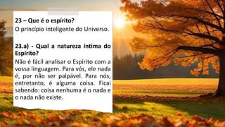 23 – Que é o espírito?
O princípio inteligente do Universo.
23.a) - Qual a natureza íntima do
Espírito?
Não é fácil analisar o Espírito com a
vossa linguagem. Para vós, ele nada
é, por não ser palpável. Para nós,
entretanto, é alguma coisa. Ficai
sabendo: coisa nenhuma é o nada e
o nada não existe.
 