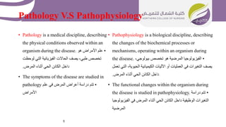 Pathology V.S Pathophysiology
• Pathology is a medical discipline, describing
the physical conditions observed within an
organism during the disease. •
‫هو‬ ‫األمراض‬ ‫علم‬
‫لوحظت‬ ‫التي‬ ‫الفيزيائية‬ ‫الحاالت‬ ‫يصف‬ ،‫طبي‬ ‫تخصص‬
‫المرض‬ ‫أثناء‬ ‫الحي‬ ‫الكائن‬ ‫داخل‬
.
• The symptoms of the disease are studied in
pathology •
‫علم‬ ‫في‬ ‫المرض‬ ‫أعراض‬ ‫دراسة‬ ‫تتم‬
‫األمراض‬
• Pathophysiology is a biological discipline, describing
the changes of the biochemical processes or
mechanisms, operating within an organism during
the disease. •
،‫بيولوجي‬ ‫تخصص‬ ‫هو‬ ‫المرضية‬ ‫الفيزيولوجيا‬
‫التي‬ ،‫الحيوية‬ ‫الكيميائية‬ ‫اآلليات‬ ‫أو‬ ‫العمليات‬ ‫في‬ ‫التغيرات‬ ‫يصف‬
‫تعمل‬
‫المرض‬ ‫أثناء‬ ‫الحي‬ ‫الكائن‬ ‫داخل‬
.
• The functional changes within the organism during
the disease is studied in pathophysiology. •
‫دراسة‬ ‫تتم‬
‫الفيزيولوج‬ ‫في‬ ‫المرض‬ ‫أثناء‬ ‫الحي‬ ‫الكائن‬ ‫داخل‬ ‫الوظيفية‬ ‫التغيرات‬
‫يا‬
‫المرضية‬
5
 