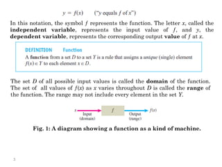 In this notation, the symbol ƒ represents the function. The letter x, called the
independent variable, represents the input value of ƒ, and y, the
dependent variable, represents the corresponding output value of ƒ at x.
The set D of all possible input values is called the domain of the function.
The set of all values of ƒ(x) as x varies throughout D is called the range of
the function. The range may not include every element in the set Y.
Fig. 1: A diagram showing a function as a kind of machine.
3
 