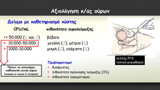 Αξιολόγηση κ/ας ούρων
Δείγμα με καθετηριασμό κύστης
Προβληματισμοί
 δυσάρεστος
 πιθανότητα πρόκλησης λοίμωξης (3%)
 πιθανότητα τραυματισμού
CFU/mL πιθανότητα ουρολοίμωξης
> 50.000 (♀ και ♂) βέβαιη
 10.000-50.000 μεγάλη (♂), μέτρια (♀)
 1000-10.000 μικρή (♂), ελάχιστη (♀)
λεπτός ΡΓΚ
τοπική αναισθησία
Πρέπει να συνυπάρχει
παθολογική γενική ούρων
(πυουρία ή νιτρικά ή εστεράση)
 