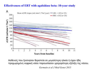 Effectiveness of ERT with agalsidase beta: 10-year study
Germain et al J Med Genet 2015
Ασθενείς που ξεκίνησαν θεραπεία σε μεγαλύτερη ηλικία ή είχαν ήδη
προχωρημένη νεφρική νόσο παρουσίασαν γρηγορότερη εξέλιξη της νόσου.
 