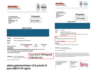 Αδερφός
Αδερφός
Lyso-GL3=95,9ng/ml
(NR 0.0-3,5)
alpha-galactosidase <2.8 μmol/L/h
lyso-GB3=110 ng/ml
2.5 ετών
2.5 ετών
 