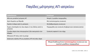 Μεθοδολογία Εξοπλισμό
Μία και μοναδική μέτρηση ΑΠ Μικρές ή μεγάλες περιχειρίδες
Κρύο δωμάτιο με θόρυβο Μη πιστοποιημένες συσκευές
Ομιλία ή κλάμα κατά τη μέτρηση Μη βαθμονόμηση συσκευών
Χωρίς υποστήριξη του άνω άκρου ή της πλάτης κατά τη
μέτρηση
Περιχειρίδες και συσκευές διαφορετικών κατασκευαστών
Τα κάτω άκρα είναι σταυρωμένα ή δεν ακουμπούν στο
έδαφος
Συσκευές καρπού ή του πήχη
Μέτρηση ΑΠ πάνω από τα ρούχα
Διάγνωση υψηλής ΑΠ με μετρήσεις ΑΠ στα κάτω άκρα
Παγίδες μέτρησης ΑΠ ιατρείου
Μικρή διαθεσιμότητα πιστοποιημένων συσκευών και
σωστού μεγέθους περιχειρίδων
Lurbe E, et al., Front. Pediatr. , 2023, 11
 