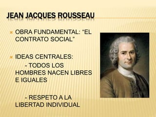 JEAN JACQUES ROUSSEAU
OBRA FUNDAMENTAL: “EL
CONTRATO SOCIAL”
IDEAS CENTRALES:
- TODOS LOS
HOMBRES NACEN LIBRES
E IGUALES
- RESPETO A LA
LIBERTAD INDIVIDUAL