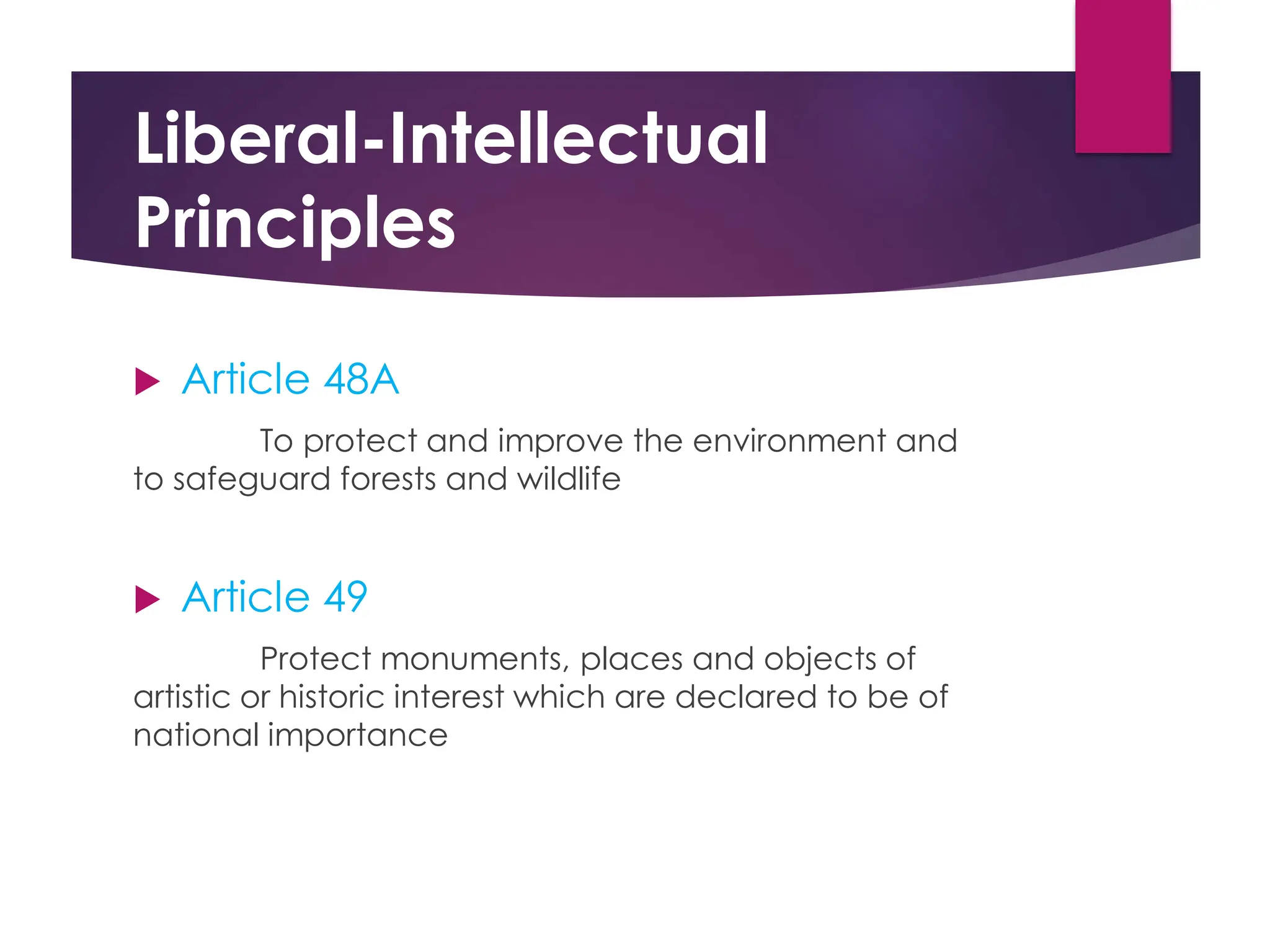 Liberal-Intellectual
Principles
 Article 48A
To protect and improve the environment and
to safeguard forests and wildlife
 Article 49
Protect monuments, places and objects of
artistic or historic interest which are declared to be of
national importance
 
