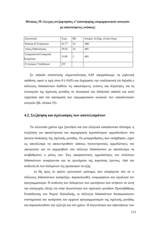 113
Πίνακας 35: έλεγχος ανεξαρτησίας x2 (αποτίμησης επιμορφωτικών αναγκών
με απαιτούμενες γνώσεις)
Στατιστικά Τιμή ΒΕ Ασυμπτ. Στ.Σημ. (2-κατ/νσης)
Pearson Χ-Τετράγωνο 41,77 16 ,000
Λόγος Πιθανότητας 39,34 16 ,001
Γραμμική-επί-Γραμμική
Συσχέτιση
11,09 1 ,001
N έγκυρων Υποθέσεων 255
Σε επίπεδο στατιστικής σημαντικότητας 0,05 απορρίπτουμε τη μηδενική
υπόθεση, αφού η τιμή είναι 0 (<0,05) και δεχόμαστε την εναλλακτική ότι δηλαδή ο
σύλλογος διδασκόντων διαθέτει τις απαιτούμενες γνώσεις και δεξιότητες για τη
λειτουργία της σχολικής μονάδας σε διοικητικό και διδακτικό επίπεδο και αυτό
εξαρτάται από την αποτίμηση των επιμορφωτικών αναγκών των εκπαιδευτικών
αναγκών (βλ. πίνακα 35).
4.2. Συζήτηση και σχολιασμός των αποτελεσμάτων
Τα τελευταία χρόνια έχει ξεκινήσει και στο ελληνικό εκπαιδευτικό σύστημα, η
συζήτηση για αποκέντρωση και παραχώρηση περισσότερων αρμοδιοτήτων στα
όργανα διοίκησης της σχολικής μονάδας. Οι μεταρρυθμίσεις που εισήχθησαν, είχαν
ως αποτέλεσμα να αποκεντρωθούν κάποιες συγκεντρωτικές αρμοδιότητες του
υπουργείου και να εκχωρηθούν στο σύλλογο διδασκόντων με αποτέλεσμα να
αναβαθμιστεί ο ρόλος του. Στις αποφασιστικές αρμοδιότητες του συλλόγου
διδασκόντων αναφέρονται και τα ερωτήματα της παρούσας έρευνας. Από την
ανάλυση δε των δεδομένων της προέκυψαν τα εξής:
α) Ως προς το πρώτο ερευνητικό ερώτημα, που αναφέρεται στο αν ο
σύλλογος διδασκόντων καταρτίζει, παρακολουθεί, αναμορφώνει και αξιολογεί τον
προγραμματισμό. Η ανάλυση των δεδομένων των ερωτήσεων που ανήκουν σε αυτή
την κατηγορία, έδειξε ότι στην πλειονότητα των σχολικών μονάδων Πρωτοβάθμιας
Εκπαίδευσης του Νομού Χαλκιδικής, οι σύλλογοι διδασκόντων διεκπεραιώνουν
συστηματικά την κατάρτιση του αρχικού προγραμματισμού της σχολικής μονάδας
και παρακολουθούν την εξέλιξή του στο χρόνο. Η πλειονότητα των απαντήσεων των
 