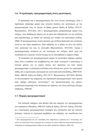 30
1.6. Ο σχεδιασμός -προγραμματισμός στους οργανισμούς
Ο σχεδιασμός και ο προγραμματισμός δεν είναι έννοιες ταυτόσημες, διότι ο
σχεδιασμός (planning) αφορά τους γενικούς σκοπούς του οργανισμού, με την
πραγματοποίησή τους να γίνεται σε βάθος χρόνου (Σαΐτη & Σαΐτης, 2011:61∙
Βεργιοπούλου, 2015:262), ενώ ο προγραμματισμός (programming) αφορά τους
στόχους, τους διαθέσιμους πόρους και τα μέσα που καθορίζονται για την εκτέλεση
μιας αρμοδιότητας, με σκοπό την επίτευξη των στόχων του οργανισμού (Λαΐνας,
2000). Ο προγραμματισμός γενικά αποτελεί μια σύνθετη διαδικασία που συνδέεται
στενά με την λήψη αποφάσεων, διότι καθορίζει το τι πρέπει να γίνει στο μέλλον
στον οργανισμό και πώς να επιτευχθεί (Βεργιοπούλου, 2015:262). Ακόμη ο
προγραμματισμός συνδέεται με την λειτουργία του ελέγχου, αφού μετά την
υλοποίηση των ενεργειών γίνεται έλεγχος για αν επιτεύχθηκαν οι αρχικοί στόχοι.
Η υλοποίηση του προγραμματισμού μπορεί να συναντήσει διάφορα εμπόδια,
όπως είναι η αστάθεια του περιβάλλοντος στο οποίο λειτουργεί ο οργανισμός, η
έλλειψη χρόνου και το υψηλό κόστος που απαιτείται για έναν σωστό
προγραμματισμό, η εσωτερική αντίσταση στην αλλαγή των μελών του οργανισμού
καθώς και η τεχνολογική, οικονομική και κοινωνική πολιτική (Σαΐτης, 2000:78-81∙
Σαΐτη, 2008:94∙ Σαΐτη και Σαΐτης, 2011:70-71∙ Βεργιοπούλου, 2015:263). Ωστόσο
τα πλεονεκτήματα της εφαρμογής του σχεδιασμού-προγραμματισμού είναι αρκετά
διότι υπάρχει καλύτερος συντονισμός13
, και προσανατολισμός στο μέλλον,
μεγαλύτερη συμμετοχή στην υλοποίηση των δράσεων, και τέλος καλύτερος έλεγχος
(Ζαβλανός, 1998:98).
1.7. Μορφές προγραμματισμού
Στη διοίκηση υπάρχουν τρία βασικά είδη που αφορούν τον προγραμματισμό
των αποφάσεων (Πετρίδου, 2006:219∙ Σαΐτη & Σαΐτης, 2011:66∙ Σαΐτης, 2014:56):
α) ο στρατηγικός προγραμματισμός (strategic) που υλοποιείται από την ανώτατη
διοίκηση. Αναλύει το εξωτερικό περιβάλλον και καθορίζει την κατεύθυνση που
13
Στον προγραμματισμό και την υλοποίηση είναι απαραίτητη η εμπλοκή και ο συντονισμός των
μελών του οργανισμού, διότι η εμπειρία και οι γνώσεις των μελών καθιστούν αποτελεσματικότερη την
υλοποίηση του προγραμματισμού καθώς και την ορθών αποφάσεων (Μπρίνια, 2008:118).
 