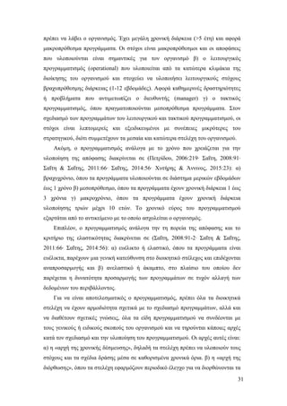 31
πρέπει να λάβει ο οργανισμός. Έχει μεγάλη χρονική διάρκεια (>5 έτη) και αφορά
μακροπρόθεσμα προγράμματα. Οι στόχοι είναι μακροπρόθεσμοι και οι αποφάσεις
που υλοποιούνται είναι σημαντικές για τον οργανισμό β) ο λειτουργικός
προγραμματισμός (operational) που υλοποιείται από τα κατώτερα κλιμάκια της
διοίκησης του οργανισμού και στοχεύει να υλοποιήσει λειτουργικούς στόχους
βραχυπρόθεσμης διάρκειας (1-12 εβδομάδες). Αφορά καθημερινές δραστηριότητες
ή προβλήματα που αντιμετωπίζει ο διευθυντής (manager) γ) ο τακτικός
προγραμματισμός, όπου πραγματοποιούνται μεσοπρόθεσμα προγράμματα. Στον
σχεδιασμό των προγραμμάτων του λειτουργικού και τακτικού προγραμματισμού, οι
στόχοι είναι λεπτομερείς και εξειδικευμένοι με συνέπειες μικρότερες του
στρατηγικού, διότι συμμετέχουν τα μεσαία και κατώτερα στελέχη του οργανισμού.
Ακόμη, ο προγραμματισμός ανάλογα με το χρόνο που χρειάζεται για την
υλοποίηση της απόφασης διακρίνεται σε (Πετρίδου, 2006:219∙ Σαΐτη, 2008:91∙
Σαΐτη & Σαΐτης, 2011:66∙ Σαΐτης, 2014:56∙ Χυτήρης & Άννινος, 2015:23): α)
βραχυχρόνιο, όπου τα προγράμματα υλοποιούνται σε διάστημα μερικών εβδομάδων
έως 1 χρόνο β) μεσοπρόθεσμο, όπου τα προγράμματα έχουν χρονική διάρκεια 1 έως
3 χρόνια γ) μακροχρόνιο, όπου τα προγράμματα έχουν χρονική διάρκεια
υλοποίησης τριών μέχρι 10 ετών. Το χρονικό εύρος του προγραμματισμού
εξαρτάται από το αντικείμενο με το οποίο ασχολείται ο οργανισμός.
Επιπλέον, ο προγραμματισμός ανάλογα την τη πορεία της απόφασης και το
κριτήριο της ελαστικότητας διακρίνεται σε (Σαΐτη, 2008:91-2∙ Σαΐτη & Σαΐτης,
2011:66∙ Σαΐτης, 2014:56): α) ευέλικτο ή ελαστικό, όπου τα προγράμματα είναι
ευέλικτα, παρέχουν μια γενική κατεύθυνση στο διοικητικό στέλεχος και επιδέχονται
αναπροσαρμογής και β) ανελαστικό ή άκαμπτο, στο πλαίσιο του οποίου δεν
παρέχεται η δυνατότητα προσαρμογής των προγραμμάτων σε τυχόν αλλαγή των
δεδομένων του περιβάλλοντος.
Για να είναι αποτελεσματικός ο προγραμματισμός, πρέπει όλα τα διοικητικά
στελέχη να έχουν αρμοδιότητα σχετικά με το σχεδιασμό προγραμμάτων, αλλά και
να διαθέτουν σχετικές γνώσεις, όλα τα είδη προγραμματισμού να συνδέονται με
τους γενικούς ή ειδικούς σκοπούς του οργανισμού και να τηρούνται κάποιες αρχές
κατά τον σχεδιασμό και την υλοποίηση του προγραμματισμού. Οι αρχές αυτές είναι:
α) η «αρχή της χρονικής δέσμευσης», δηλαδή τα στελέχη πρέπει να υλοποιούν τους
στόχους και τα σχέδια δράσης μέσα σε καθορισμένα χρονικά όρια. β) η «αρχή της
διόρθωσης», όπου τα στελέχη εφαρμόζουν περιοδικό έλεγχο για να διορθώνονται τα
 