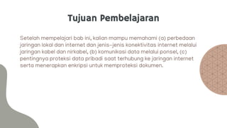Tujuan Pembelajaran
Setelah mempelajari bab ini, kalian mampu memahami (a) perbedaan
jaringan lokal dan internet dan jenis-jenis konektivitas internet melalui
jaringan kabel dan nirkabel, (b) komunikasi data melalui ponsel, (c)
pentingnya proteksi data pribadi saat terhubung ke jaringan internet
serta menerapkan enkripsi untuk memproteksi dokumen.
 