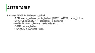 ALTER TABLE
Sintaks: ALTER TABLE nama_tabel
•ADD nama_kolom jenis_kolom [FIRST | AFTER nama_kolom]
•CHANGE [COLUMN] oldnama newnama
•MODIFY nama_kolom jenis kolom, …
•DROP nama_kolom
•RENAME newnama_tabel
 