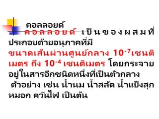 คอลลอยด์
ค อ ล ล อ ย ด์ เ ป็ น ข อ ง ผ ส ม ที่
ประกอบด้วยอนุภาคที่มี
ขนาดเส้นผ่านศูนย์กลาง 10-7เชนติ
เมตร ถึง 10-4 เซนติเมตร โดยกระจาย
อยู่ในสารอีกชนิดหนึ่งที่เป็ นตัวกลาง
ตัวอย่าง เช่น น้านม น้าสลัด น้าแป้ งสุก
หมอก ควันไฟ เป็ นต้น
 