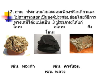 2. ธาตุ ประกอบด ้วยอะตอมเพียงชนิดเดียวและ
ไม่สามารถแยกเป็นองค์ประกอบย่อยโดยวิธีการ
ทางเคมีได ้ แบ่งเป็น 3 ประเภท ได ้แก่
โลหะ อโลหะ กึ่ง
โลหะ
เช่น ทองคา เช่น คาร ์บอน
เช่น พลวง
 