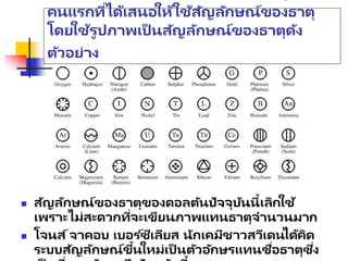  สัญลักษณ์ของธาตุของดอลตันปัจจุบันนี้เลิกใช้
เพราะไม่สะดวกที่จะเขียนภาพแทนธาตุจานวนมาก
 โจนส์จาคอบ เบอร ์ซีเลียส นักเคมีชาวสวีเดนได้คิด
ระบบสัญลักษณ์ขึ้นใหม่เป็ นตัวอักษรแทนชื่อธาตุซึ่ง
คนแรกที่ได้เสนอให้ใช้สัญลักษณ์ของธาตุ
โดยใช้รูปภาพเป็ นสัญลักษณ์ของธาตุดัง
ตัวอย่าง
 