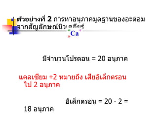  ตัวอย่างที่ 2 การหาอนุภาคมูลฐานของอะตอม
จากสัญลักษณ์นิวเคลียร์
มีจานวนโปรตอน = 20 อนุภาค
แคลเซียม +2 หมายถึง เสียอิเล็กตรอน
ไป 2 อนุภาค
อิเล็กตรอน = 20 - 2 =
18 อนุภาค
 