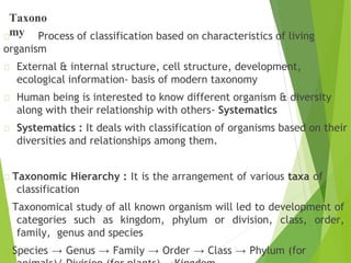 Taxono
my Process of classification based on characteristics of living
organism
External & internal structure, cell structure, development,
ecological information- basis of modern taxonomy
Human being is interested to know different organism & diversity
along with their relationship with others- Systematics
Systematics : It deals with classification of organisms based on their
diversities and relationships among them.
Taxonomic Hierarchy : It is the arrangement of various taxa of
classification
Taxonomical study of all known organism will led to development of
categories such as kingdom, phylum or division, class, order,
family, genus and species
Species → Genus → Family → Order → Class → Phylum (for
 