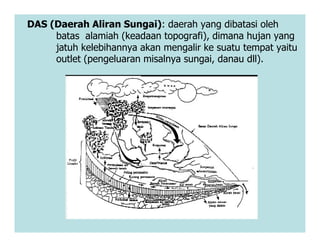 DAS (Daerah Aliran Sungai): daerah yang dibatasi oleh
batas alamiah (keadaan topografi), dimana hujan yang
jatuh kelebihannya akan mengalir ke suatu tempat yaitu
outlet (pengeluaran misalnya sungai, danau dll).
 