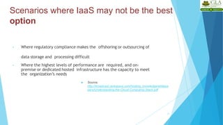 Scenarios where IaaS may not be the best
• Where regulatory compliance makes the offshoring or outsourcing of
data storage and processing difficult
• Where the highest levels of performance are required, and on-
premise or dedicated hosted infrastructure has the capacity to meet
the organization’s needs
 Source:
http://broadcast.rackspace.com/hosting_knowledge/whitepa
pers/Understanding-the-Cloud-Computing-Stack.pdf
21
option
 