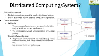 Distributed Computing/System?
9
• Distributed computing
– Field of computing science that studies distributed system.
– Use of distributed systems to solve computational problems.
• Distributed system
– Wikipedia
• There are several autonomous computational entities,
each of which has its own local memory.
• The entities communicate with each other by message
passing.
– Operating System Concept
• The processors communicate with one another through various
communication lines, such as high-speed buses or telephone
lines.
• Each processor has its own local memory.
 