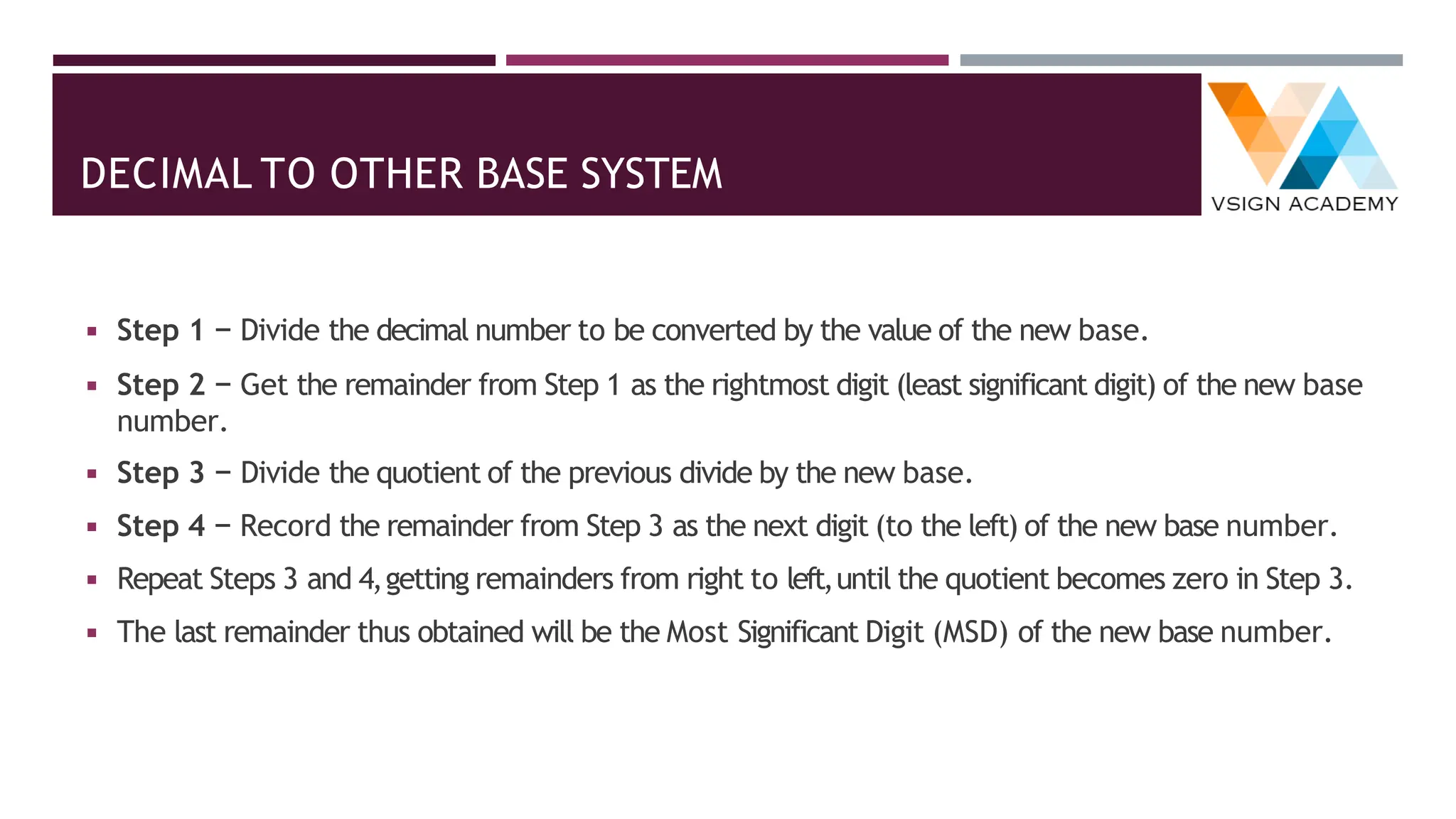 DECIMAL TO OTHER BASE SYSTEM
◾ Step 1 − Divide the decimal number to be converted by the value of the new base.
◾ Step 2 − Get the remainder from Step 1 as the rightmost digit (least significant digit) of the new base
number.
◾ Step 3 − Divide the quotient of the previous divide by the new base.
◾ Step 4 − Record the remainder from Step 3 as the next digit (to the left) of the new base number.
◾ Repeat Steps 3 and 4,getting remainders from right to left,until the quotient becomes zero in Step 3.
◾ The last remainder thus obtained will be the Most Significant Digit (MSD) of the new base number.
 