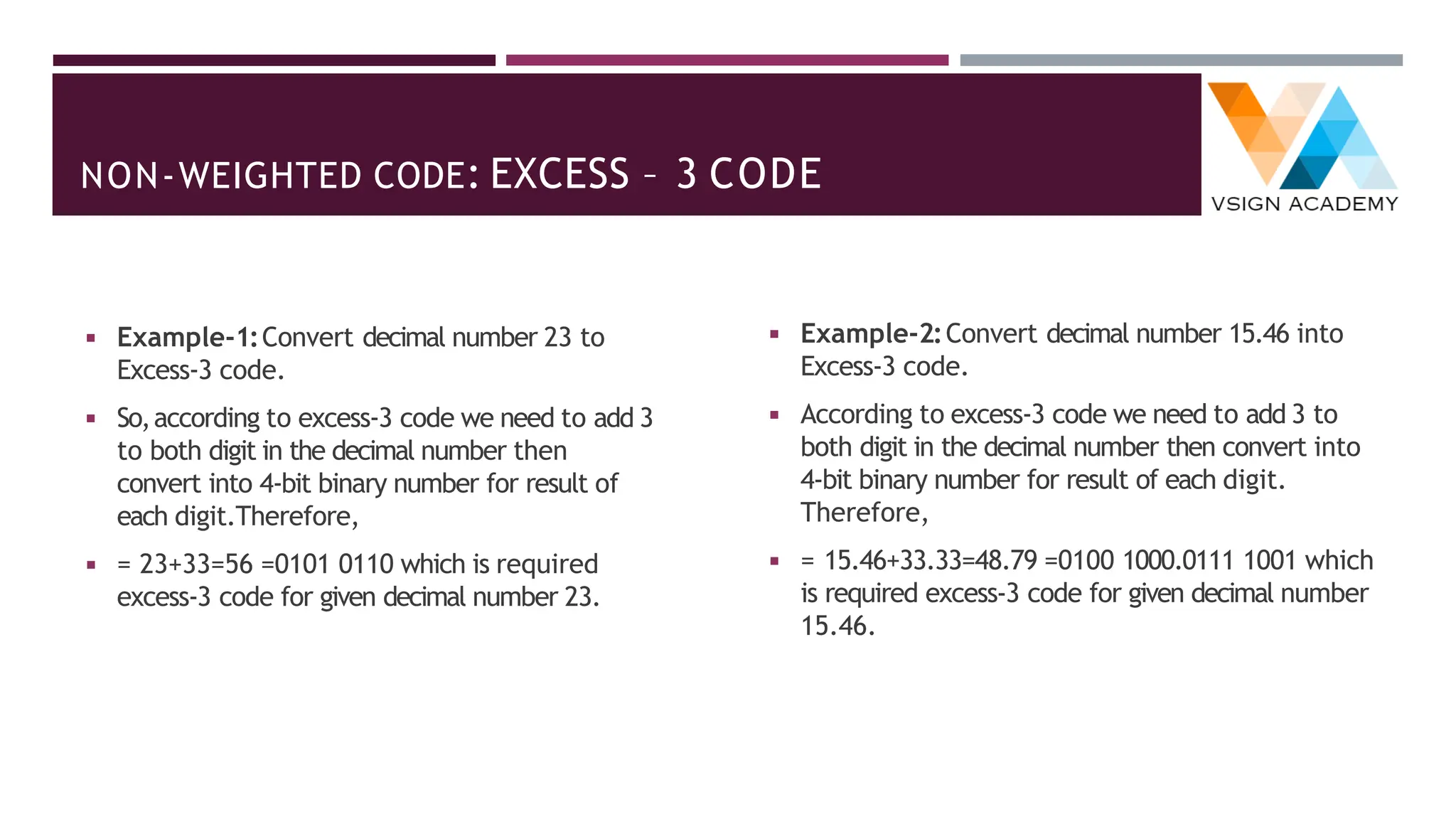 NON-WEIGHTED CODE: EXCESS – 3 CODE
◾ Example-1:Convert decimal number 23 to
Excess-3 code.
◾ So,according to excess-3 code we need to add 3
to both digit in the decimal number then
convert into 4-bit binary number for result of
each digit.Therefore,
= 23+33=56 =0101 0110 which is required
excess-3 code for given decimal number 23.
◾ Example-2:Convert decimal number 15.46 into
Excess-3 code.
◾ According to excess-3 code we need to add 3 to
both digit in the decimal number then convert into
4-bit binary number for result of each digit.
Therefore,
= 15.46+33.33=48.79 =0100 1000.0111 1001 which
is required excess-3 code for given decimal number
15.46.
 