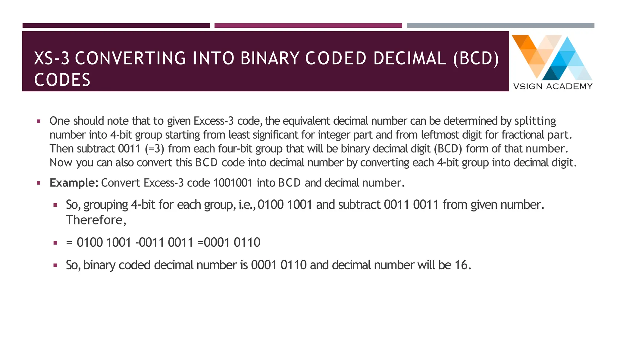 XS-3 CONVERTING INTO BINARY CODED DECIMAL (BCD)
CODES
◾ One should note that to given Excess-3 code,the equivalent decimal number can be determined by splitting
number into 4-bit group starting from least significant for integer part and from leftmost digit for fractional part.
Then subtract 0011 (=3) from each four-bit group that will be binary decimal digit (BCD) form of that number.
Now you can also convert this BCD code into decimal number by converting each 4-bit group into decimal digit.
◾ Example: Convert Excess-3 code 1001001 into BCD and decimal number.
◾ So,grouping 4-bit for each group,i.e.,0100 1001 and subtract 0011 0011 from given number.
Therefore,
= 0100 1001 -0011 0011 =0001 0110
◾ So,binary coded decimal number is 0001 0110 and decimal number will be 16.
 