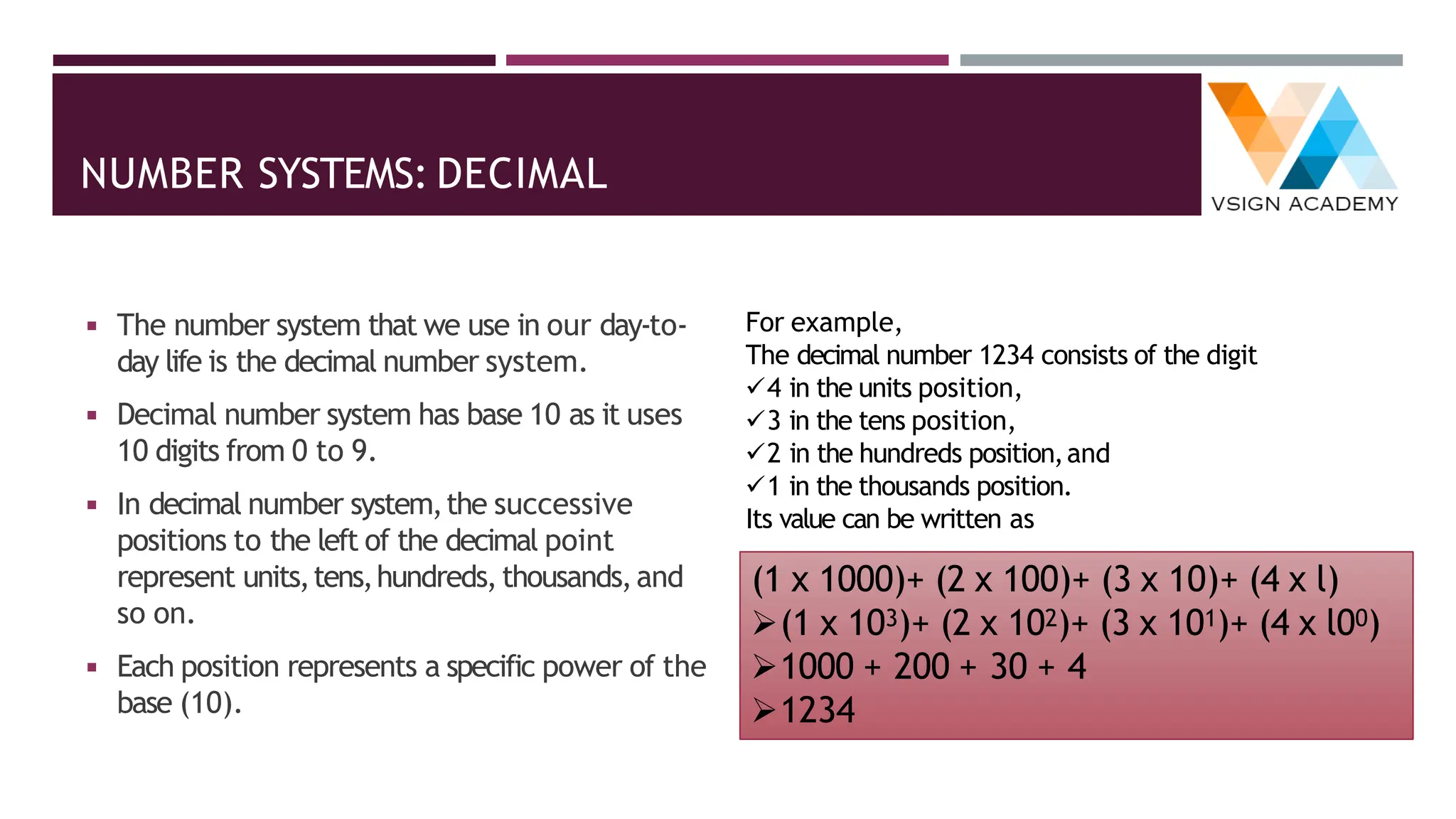 NUMBER SYSTEMS: DECIMAL
◾ The number system that we use in our day-to-
day life is the decimal number system.
◾ Decimal number system has base 10 as it uses
10 digits from 0 to 9.
◾ In decimal number system,the successive
positions to the left of the decimal point
represent units,tens,hundreds,thousands,and
so on.
◾ Each position represents a specific power of the
base (10).
For example,
The decimal number 1234 consists of the digit
✓4 in the units position,
✓3 in the tens position,
✓2 in the hundreds position,and
✓1 in the thousands position.
Its value can be written as
(1 x 1000)+ (2 x 100)+ (3 x 10)+ (4 x l)
➢(1 x 103)+ (2 x 102)+ (3 x 101)+ (4 x l00)
➢1000 + 200 + 30 + 4
➢1234
 
