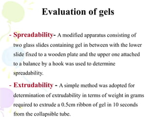 Evaluation of gels
- Spreadability- A modified apparatus consisting of
two glass slides containing gel in between with the lower
slide fixed to a wooden plate and the upper one attached
to a balance by a hook was used to determine
spreadability.
- Extrudability - A simple method was adopted for
determination of extrudability in terms of weight in grams
required to extrude a 0.5cm ribbon of gel in 10 seconds
from the collapsible tube.
 
