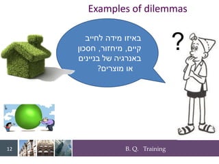 B. Q. Training
12
Examples of dilemmas
?
‫לחייב‬ ‫מידה‬ ‫באיזו‬
‫קיים‬
,
‫מיחזור‬
,
‫חסכון‬
‫באנרגיה‬
‫של‬
‫בניינים‬
‫מוצרים‬ ‫או‬
?
 