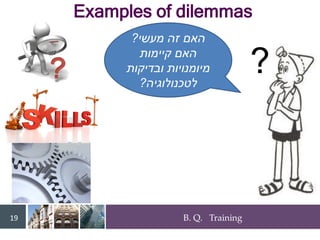 B. Q. Training
19
?
‫מעשי‬ ‫זה‬ ‫האם‬
?
‫קיימות‬ ‫האם‬
‫ובדיקות‬ ‫מיומנויות‬
‫לטכנולוגיה‬
?
Examples of dilemmas
 