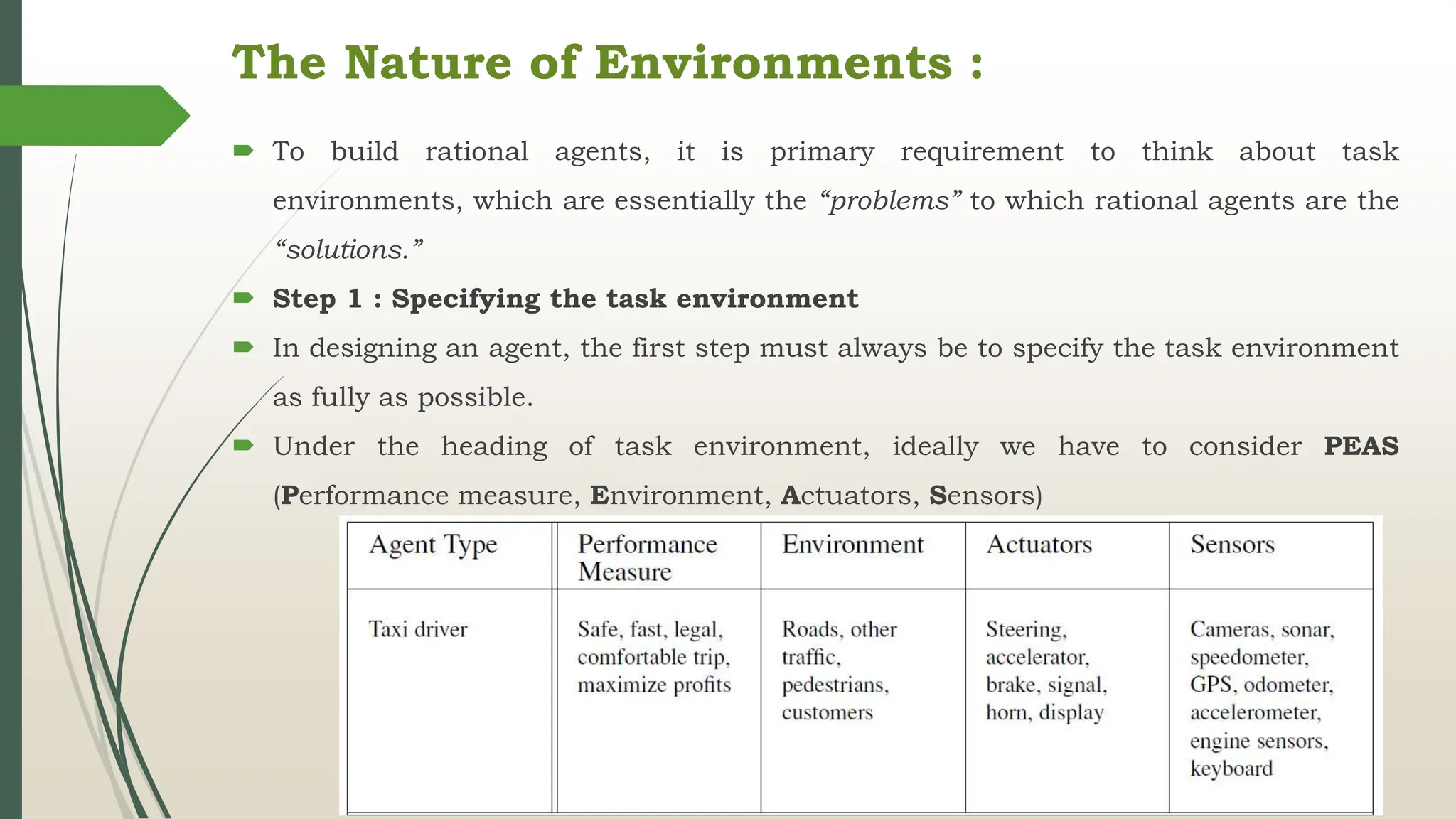 The Nature of Environments :
 To build rational agents, it is primary requirement to think about task
environments, which are essentially the “problems” to which rational agents are the
“solutions.”
 Step 1 : Specifying the task environment
 In designing an agent, the first step must always be to specify the task environment
as fully as possible.
 Under the heading of task environment, ideally we have to consider PEAS
(Performance measure, Environment, Actuators, Sensors)
 