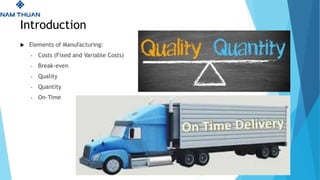 Introduction
 Elements of Manufacturing:
- Costs (Fixed and Variable Costs)
- Break-even
- Quality
- Quantity
- On-Time
 