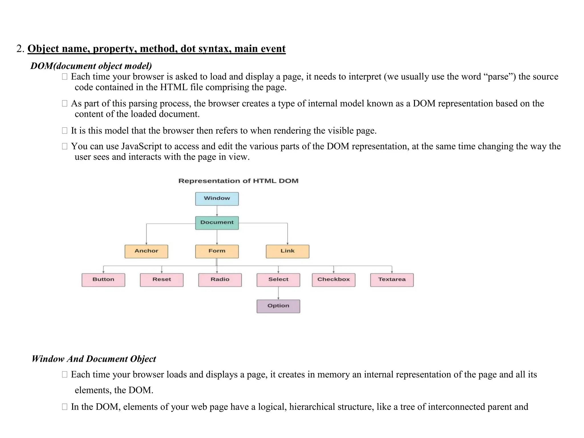 2. Object name, property, method, dot syntax, main event DOM(document object model) ⮚Each time your browser is asked to load and display a page, it needs to interpret (we usually use the word “parse”) the source code contained in the HTML file comprising the page. ⮚As part of this parsing process, the browser creates a type of internal model known as a DOM representation based on the content of the loaded document. ⮚It is this model that the browser then refers to when rendering the visible page. ⮚You can use JavaScript to access and edit the various parts of the DOM representation, at the same time changing the way the user sees and interacts with the page in view. Window And Document Object ⮚Each time your browser loads and displays a page, it creates in memory an internal representation of the page and all its elements, the DOM. ⮚In the DOM, elements of your web page have a logical, hierarchical structure, like a tree of interconnected parent and 