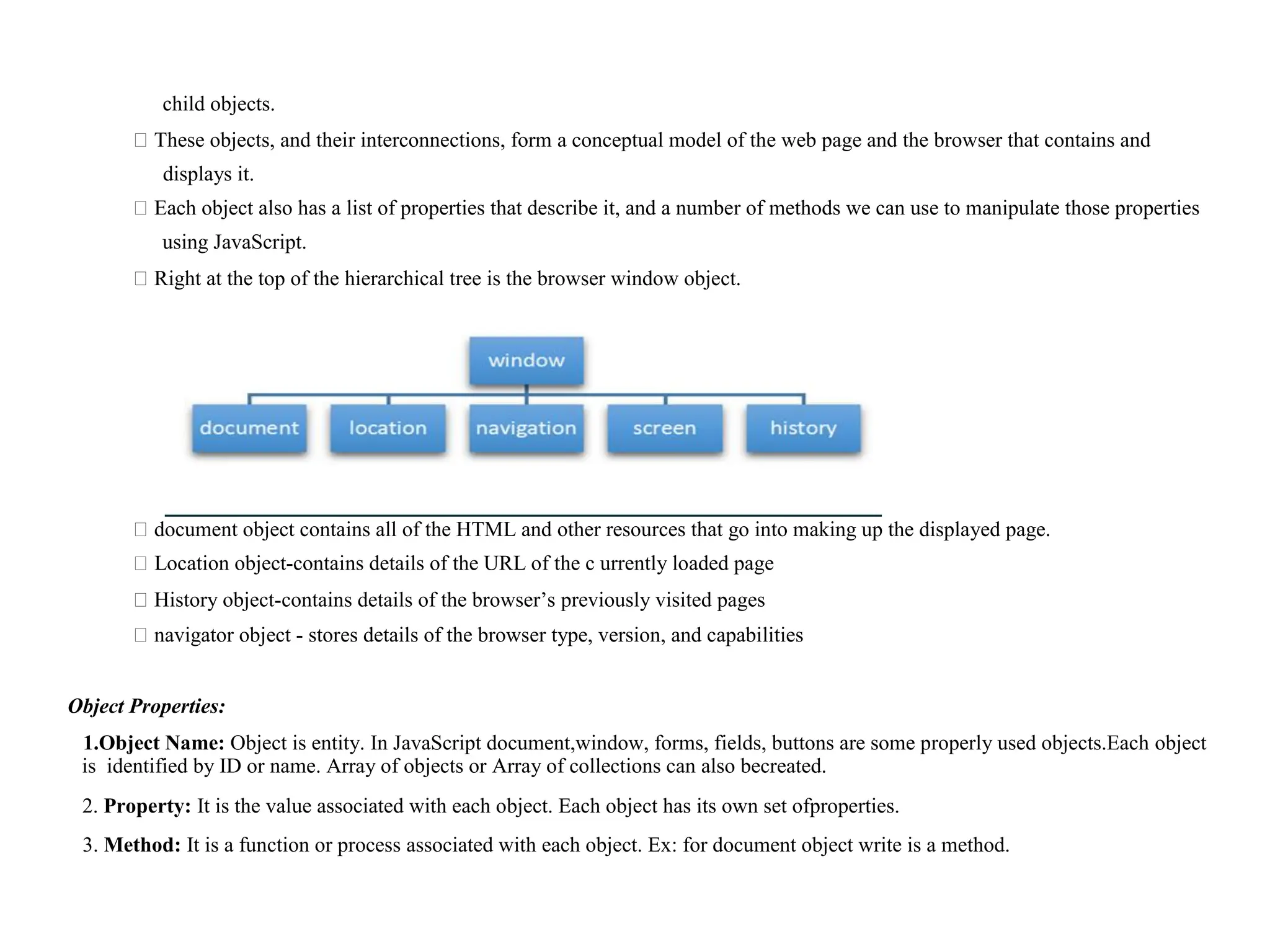 child objects. ⮚These objects, and their interconnections, form a conceptual model of the web page and the browser that contains and displays it. ⮚Each object also has a list of properties that describe it, and a number of methods we can use to manipulate those properties using JavaScript. ⮚Right at the top of the hierarchical tree is the browser window object. ⮚document object contains all of the HTML and other resources that go into making up the displayed page. ⮚Location object-contains details of the URL of the c urrently loaded page ⮚History object-contains details of the browser‟s previously visited pages ⮚navigator object - stores details of the browser type, version, and capabilities Object Properties: 1.Object Name: Object is entity. In JavaScript document,window, forms, fields, buttons are some properly used objects.Each object is identified by ID or name. Array of objects or Array of collections can also becreated. 2. Property: It is the value associated with each object. Each object has its own set ofproperties. 3. Method: It is a function or process associated with each object. Ex: for document object write is a method. 