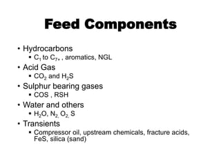 Feed Components
• Hydrocarbons
 C1 to C7+ , aromatics, NGL
• Acid Gas
 CO2 and H2S
• Sulphur bearing gases
 COS , RSH
• Water and others
 H2O, N2, O2, S
• Transients
 Compressor oil, upstream chemicals, fracture acids,
FeS, silica (sand)
 