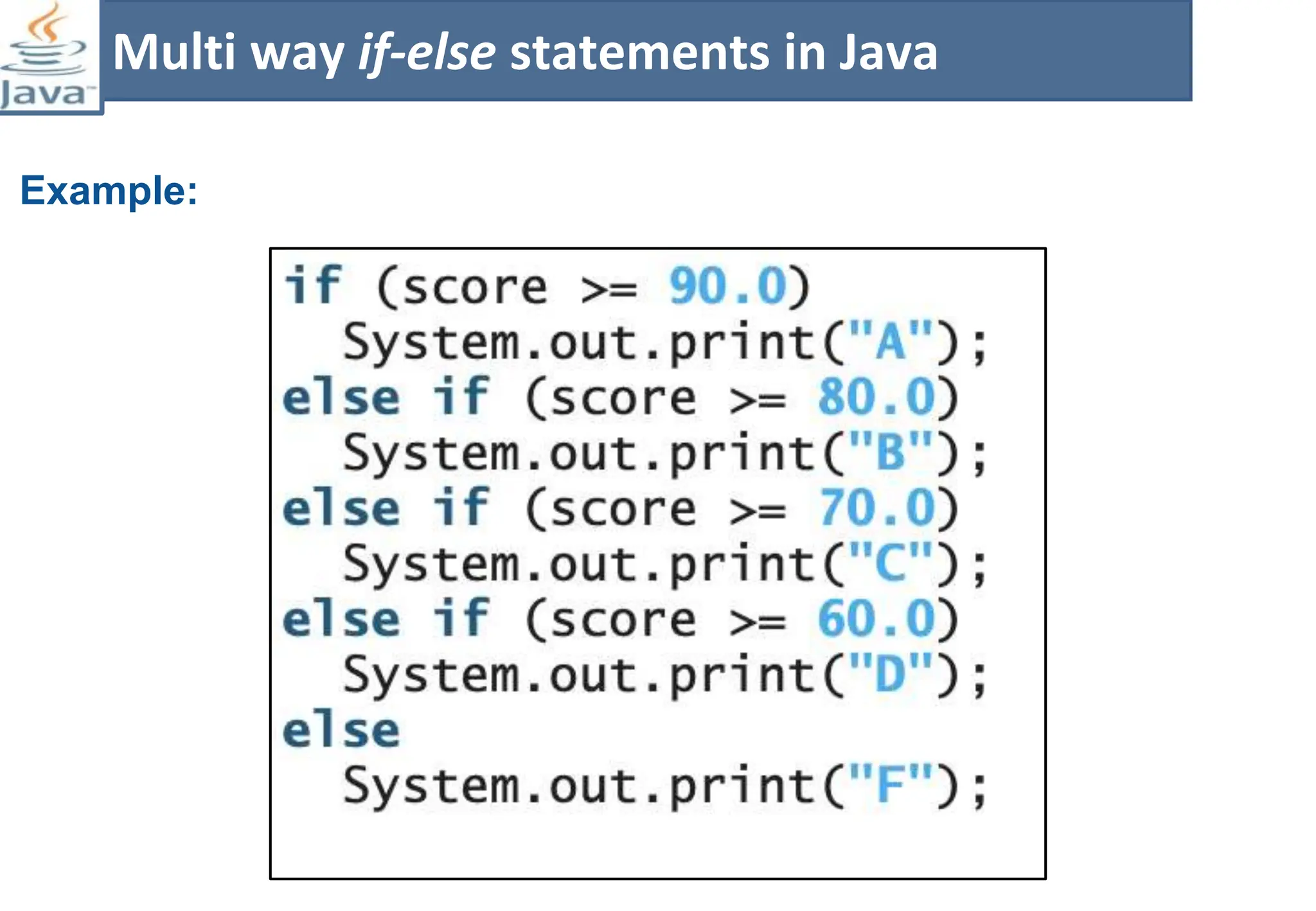 Example:
Multi way if-else statements in Java
 