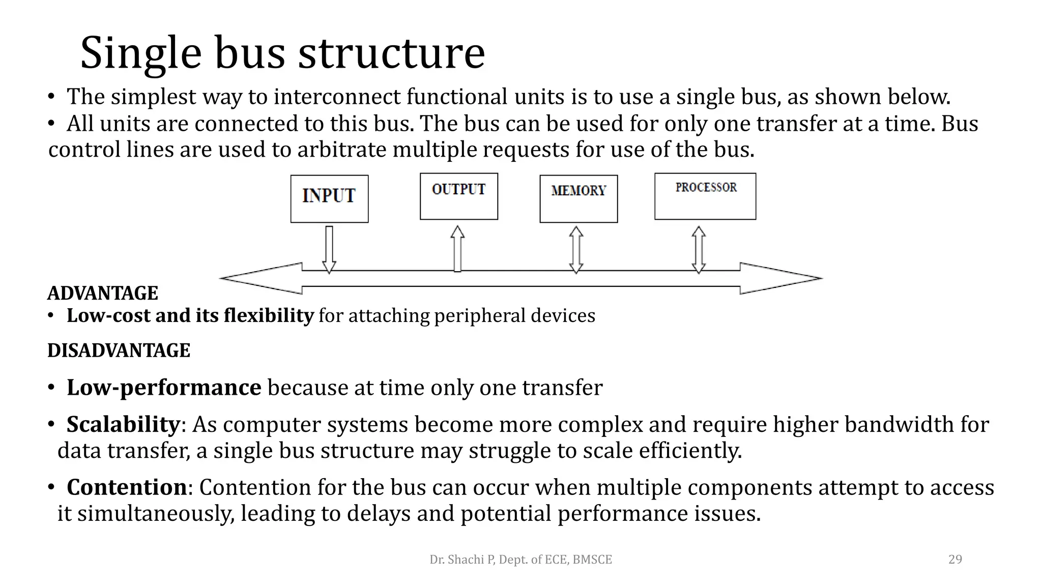 Single bus structure
• The simplest way to interconnect functional units is to use a single bus, as shown below.
• All units are connected to this bus. The bus can be used for only one transfer at a time. Bus
control lines are used to arbitrate multiple requests for use of the bus.
ADVANTAGE
• Low-cost and its flexibility for attaching peripheral devices
DISADVANTAGE
• Low-performance because at time only one transfer
• Scalability: As computer systems become more complex and require higher bandwidth for
data transfer, a single bus structure may struggle to scale efficiently.
• Contention: Contention for the bus can occur when multiple components attempt to access
it simultaneously, leading to delays and potential performance issues.
Dr. Shachi P, Dept. of ECE, BMSCE 29
 