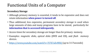 Secondary Storage
• Although primary memory is essential, it tends to be expensive and does not
retain information when power is turned off.
• Thus additional, less expensive, permanent secondary storage is used when
large amounts of data and many programs have to be stored, particularly for
information that is accessed infrequently.
• Access times for secondary storage are longer than for primary memory.
• Examples: magnetic disks, optical disks (DVD and CD), and flash memory
devices.
• https://www.youtube.com/watch?v=7J7X7aZvMXQ (up to 3:17seconds)
Dr. Shachi P, Dept. of ECE, BMSCE 19
Functional Units of a Computer
 