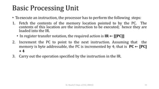 Basic Processing Unit
• Toexecute an instruction, the processor has to perform the following steps:
1. Fetch the contents of the memory location pointed to by the PC. The
contents of this location are the instruction to be executed; hence they are
loaded into the IR.
• In register transfer notation, the required action is IR ← [[PC]]
2. Increment the PC to point to the next instruction. Assuming that the
memory is byte addressable, the PC is incremented by 4; that is PC ← [PC]
+ 4
3. Carry out the operation specified by the instruction in the IR.
Dr. Shachi P, Dept. of ECE, BMSCE 33
 