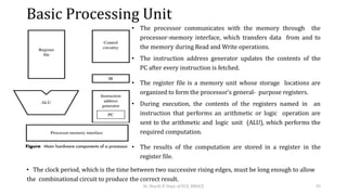 Basic Processing Unit
• The processor communicates with the memory through the
processor-memory interface, which transfers data from and to
the memory during Read and Write operations.
• The instruction address generator updates the contents of the
PC after every instruction is fetched.
• The register file is a memory unit whose storage locations are
organized to form the processor’s general- purpose registers.
• During execution, the contents of the registers named in an
instruction that performs an arithmetic or logic operation are
sent to the arithmetic and logic unit (ALU), which performs the
required computation.
• The results of the computation are stored in a register in the
register file.
• The clock period, which is the time between two successive rising edges, must be long enough to allow
the combinational circuit to produce the correct result.
Dr. Shachi P, Dept. of ECE, BMSCE 35
 