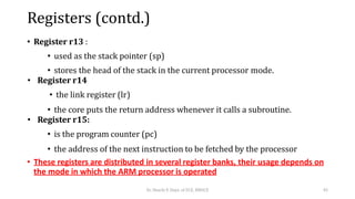Registers (contd.)
• Register r13 :
• used as the stack pointer (sp)
• stores the head of the stack in the current processor mode.
• Register r14
• the link register (lr)
• the core puts the return address whenever it calls a subroutine.
• Register r15:
• is the program counter (pc)
• the address of the next instruction to be fetched by the processor
• These registers are distributed in several register banks, their usage depends on
the mode in which the ARM processor is operated
Dr. Shachi P, Dept. of ECE, BMSCE 45
 