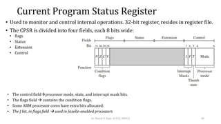 Current Program Status Register
• Used to monitor and control internal operations. 32-bit register, resides in register file.
• The CPSR is divided into four fields, each 8 bits wide:
Dr. Shachi P, Dept. of ECE, BMSCE 48
• flags
• Status
• Extension
• Control
• The control fieldprocessor mode, state, and interrupt mask bits.
• The flags field  contains the condition flags.
• Some ARM processor cores have extra bits allocated.
• The J bit, in flags field  used in Jazelle-enabled processors
 