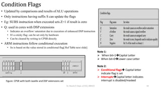 Condition Flags
• Updated by comparisons and results ofALU operations
• Only instructions having suffix S can update the flags
• Eg: SUBS instruction when executed sets Z=1 if result is zero
• Q: used in cores with DSP extensions
• Indicates an overflow/ saturation due to execution of enhanced DSP instruction
• It’s a sticky flag: can be set only by hardware
• Can be cleared by writing to CPSR directly
• ARM instructions follow conditional execution
• Its is based on the value stored in conditional flag[ Ref Table next slide]
Note 1:
 When bit=1Capital Letter
 When bit=0Lower case Letter
Figure: CPSR with both Jazelle and DSP extensions set
Note 2:
 Conditional flags Capital letter
indicate flag is set
 InterruptsCapital letter indicates
interrupt is disabled/masked
Dr. Shachi P, Dept. of ECE, BMSCE 50
 