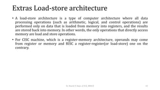 Extras Load-store architecture
• A load-store architecture is a type of computer architecture where all data
processing operations (such as arithmetic, logical, and control operations) are
performed only on data that is loaded from memory into registers, and the results
are stored back into memory. In other words, the only operations that directly access
memory are load and store operations.
• For CISC machine, which is a register-memory architecture, operands may come
from register or memory and RISC a register-register(or load-store) one on the
contrary.
Dr. Shachi P, Dept. of ECE, BMSCE 63
 