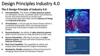 Design Principles Industry 4.0
The 6 Design Principle of Industry 4.0
1. Interoperability: The ability of Cyber-physical system
(i.e workpiece carriers, assembly station and products),
human and smart factories to connect and
communicate with each other via the Internet of Things
and Internet of Services
2. Virtualization: a virtual copy the Smart factory which is
created by linking data ( from monitoring physical
process) with virtual plant models and simulation
models
3. Decentralization: the ability of cyber physical systems
within Smart Factories to make decisions on their own
4. Service Orientation: offering of services ( of cyber
physical system, humans and smart factories) via the
Internet of Services
5. Real-Time Capability: The capability to collect and
analyze data and provide the insight immediately
6. Modularity: flexible adaptation of Smart Factories for
changing requirements of individual modules
 