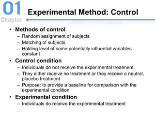 Experimental Method: Control
• Methods of control
– Random assignment of subjects
– Matching of subjects
– Holding level of some potentially influential variables
constant
• Control condition
– Individuals do not receive the experimental treatment.
– They either receive no treatment or they receive a neutral,
placebo treatment
– Purpose: to provide a baseline for comparison with the
experimental condition
• Experimental condition
– Individuals do receive the experimental treatment
 