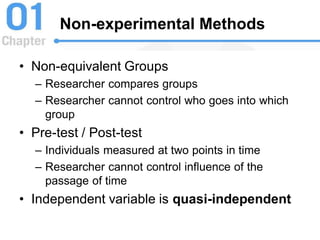 Non-experimental Methods
• Non-equivalent Groups
– Researcher compares groups
– Researcher cannot control who goes into which
group
• Pre-test / Post-test
– Individuals measured at two points in time
– Researcher cannot control influence of the
passage of time
• Independent variable is quasi-independent
 