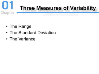 Three Measures of Variability
• The Range
• The Standard Deviation
• The Variance
 