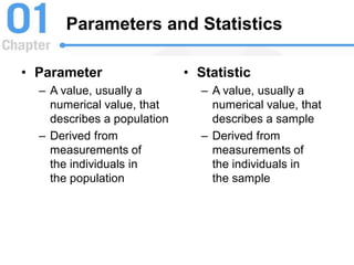 Parameters and Statistics
• Parameter
– A value, usually a
numerical value, that
describes a population
– Derived from
measurements of
the individuals in
the population
• Statistic
– A value, usually a
numerical value, that
describes a sample
– Derived from
measurements of
the individuals in
the sample
 