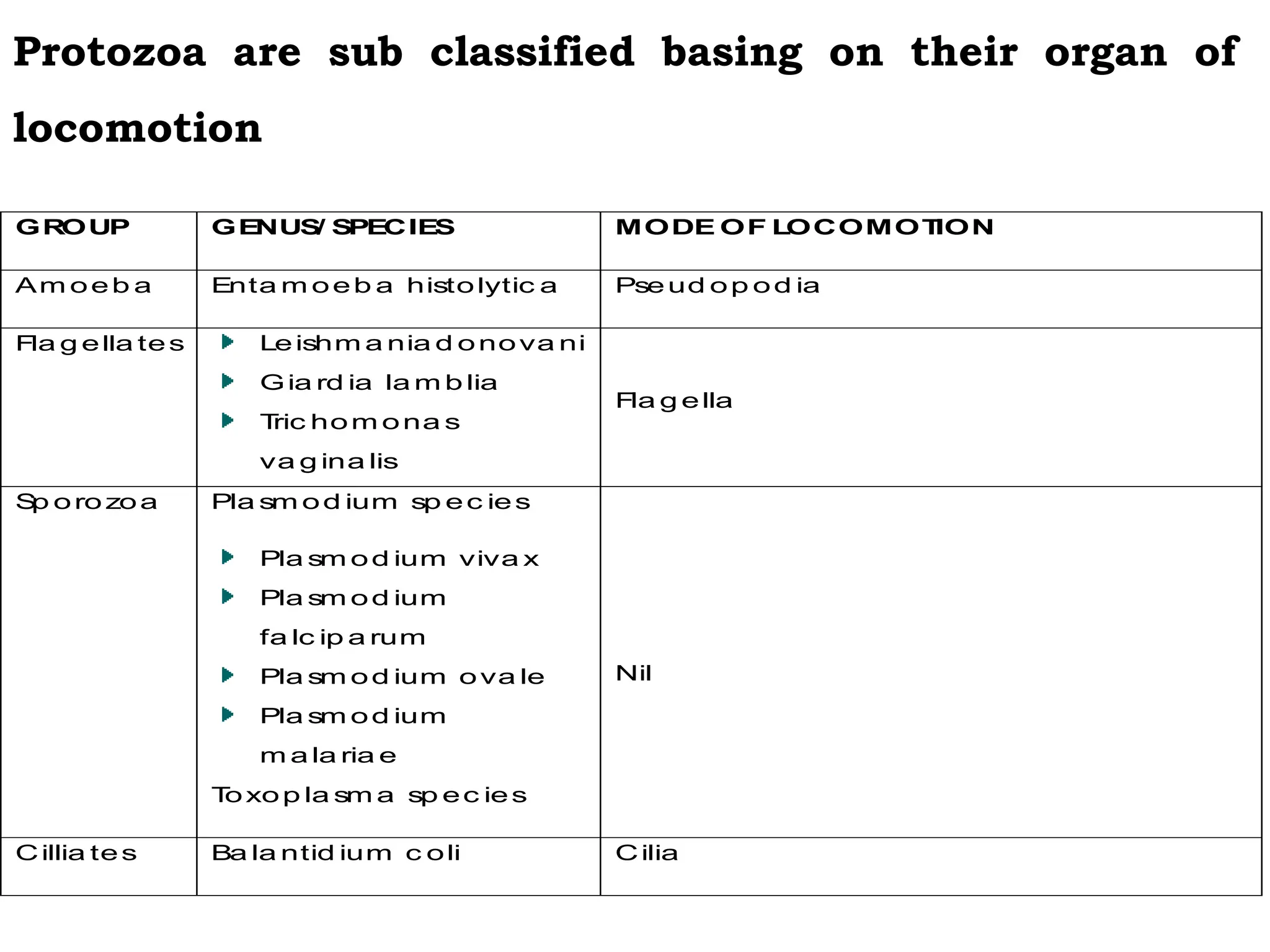 GR
OUP GE
NUS
/ S
PE
CIE
S MODE OF L
OCOMOT
ION
Am oeb a Enta m oeb a histolytic a Pseud op od ia
Fla g ella tes Leishm a nia d onova ni
Gia rd ia la m b lia
T
ric hom ona s
va g ina lis
Fla g ella
S
p oro zoa Pla sm od ium sp ec ies
Pla sm od ium viva x
Pla sm od ium
fa lc ip a rum
Pla sm od ium ova le
Pla sm od ium
m a la ria e
T
oxop la sm a sp ec ies
Nil
Cillia tes Ba la ntid ium c oli Cilia
Protozoa are sub classified basing on their organ of
locomotion
 